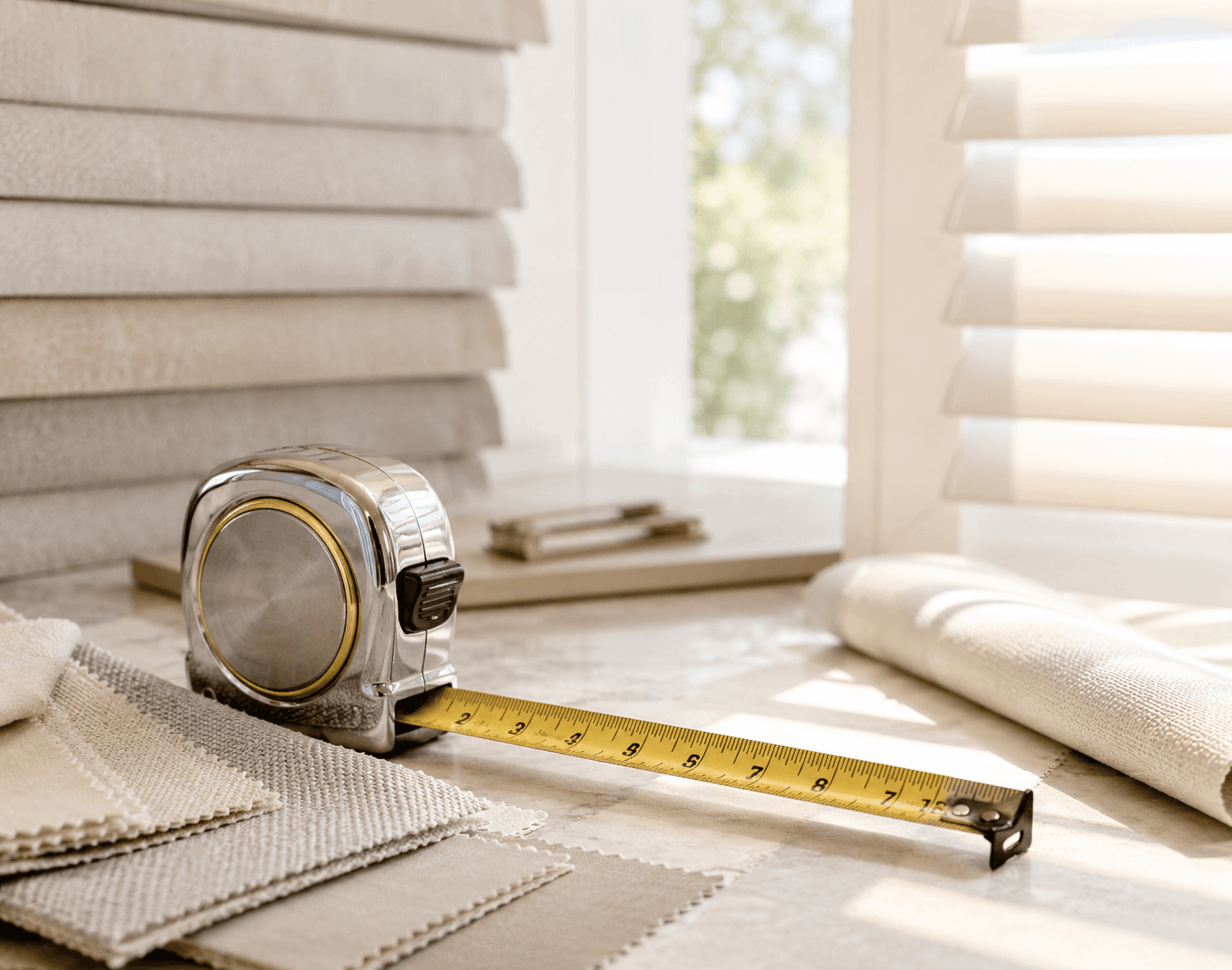 Measuring tape extended next to fabric samples and window treatments