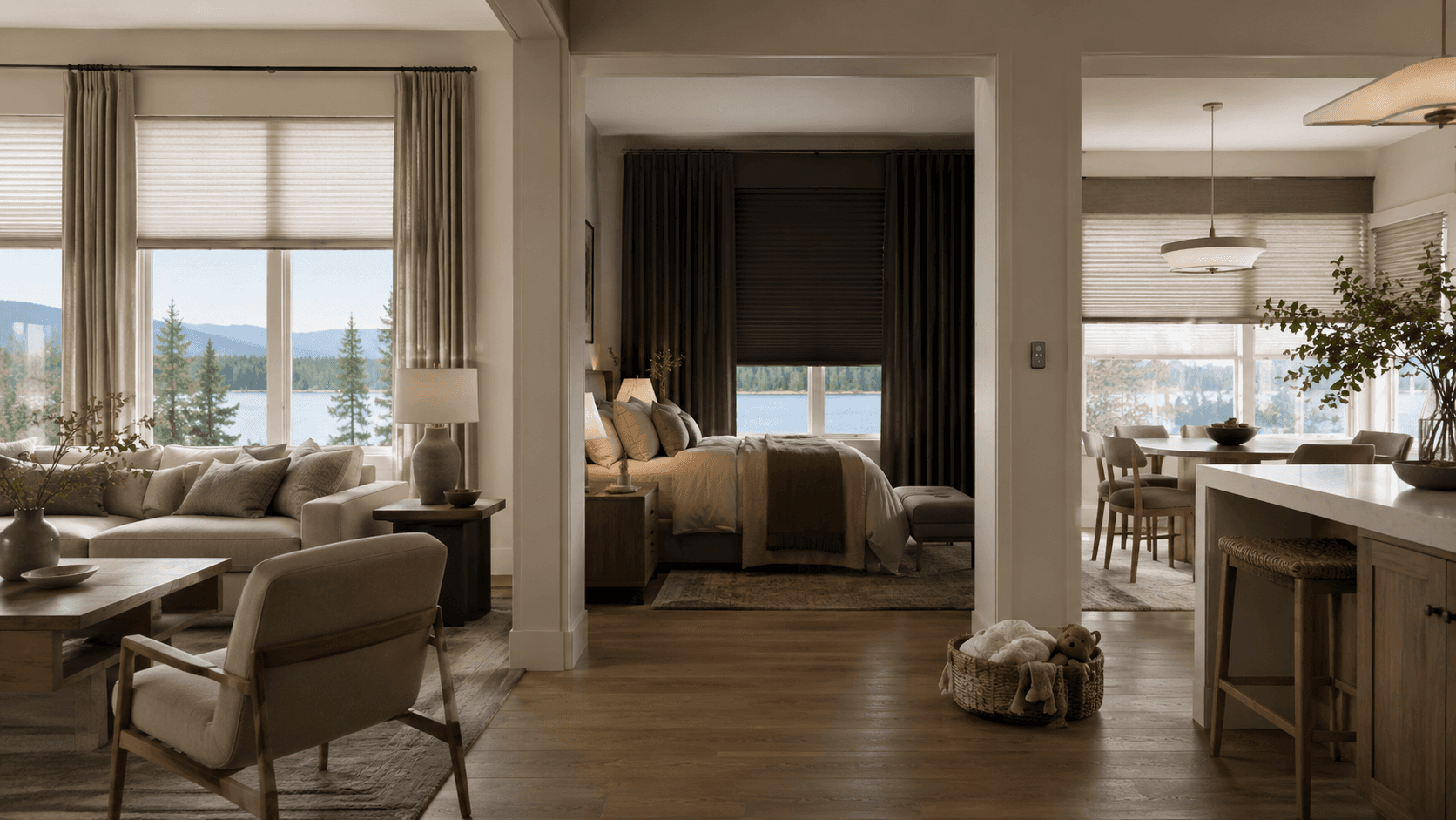 Open-plan North Idaho home with different window treatments matched to each room