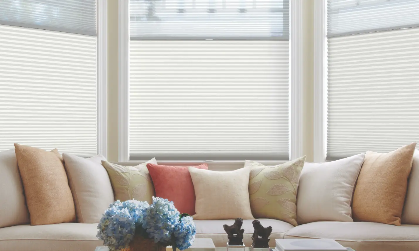 Soft daylight filtered through cellular shades in a furnished living room