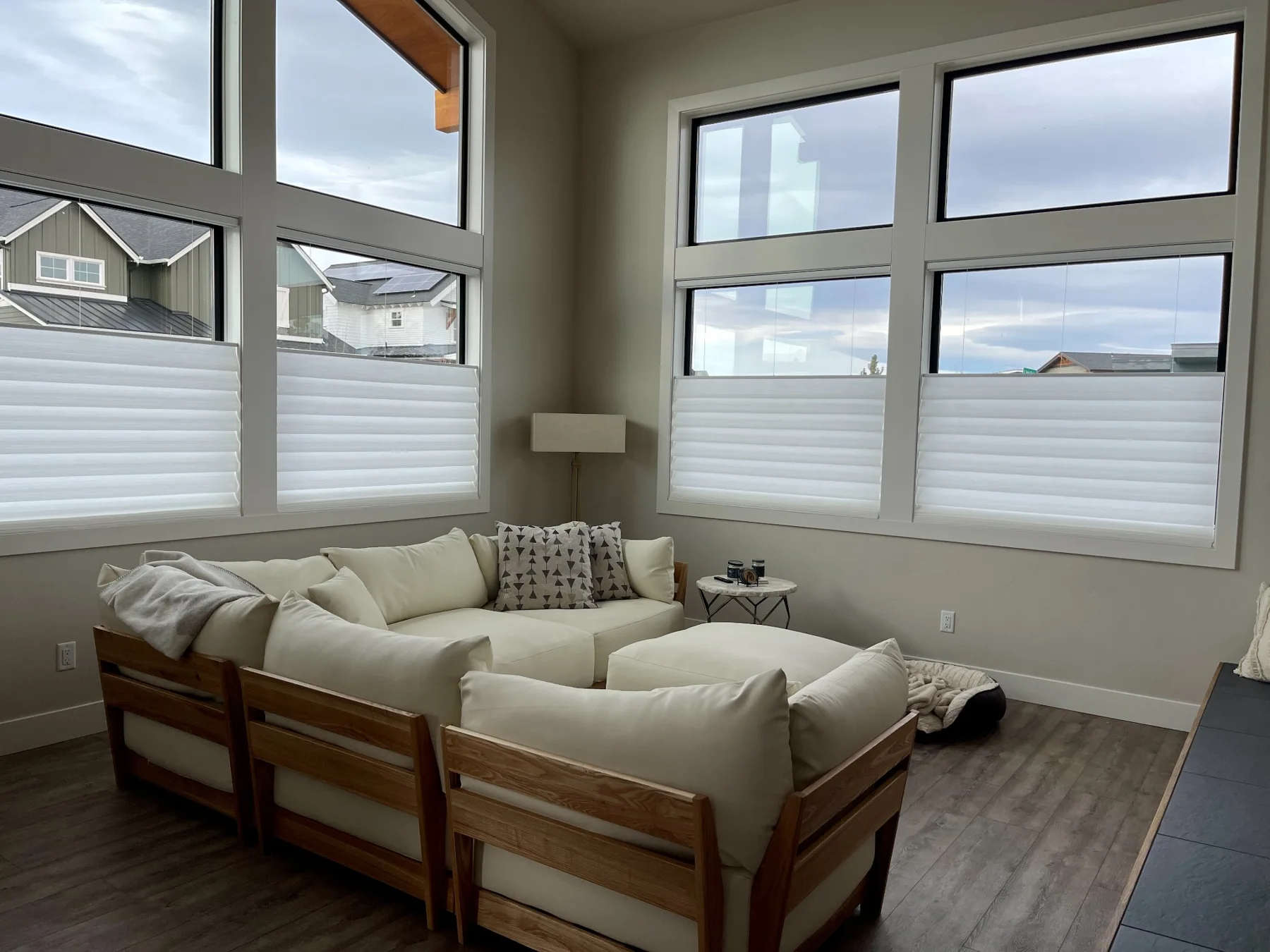 Hunter Douglas shades balancing privacy and daylight in a bright living room