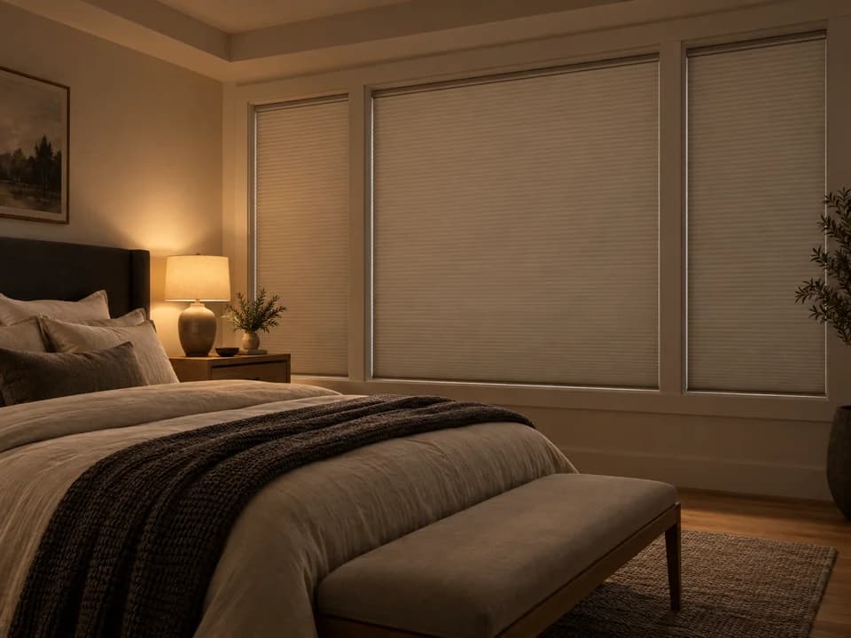 Closed cellular room darkening shades in a softly lit bedroom