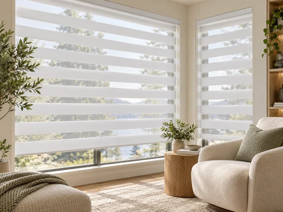 Light-filtering banded shades in a bright sitting room