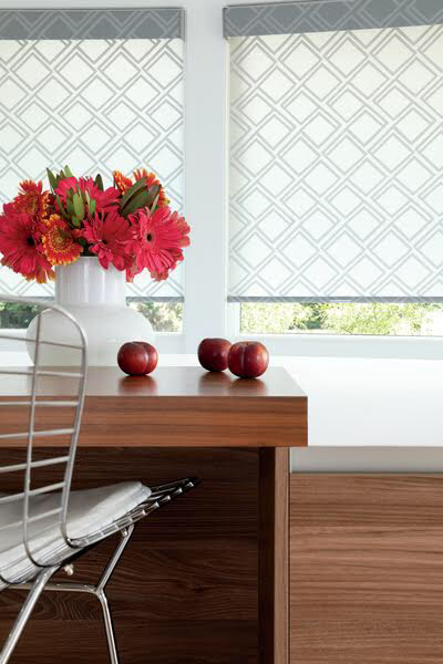 Patterned roller shades in a Northern Idaho home demonstrating precise inside-mount installation on square window frames