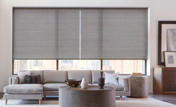 Gray solar roller shades in a modern living room with large windows, showing clean minimalist roller shade style