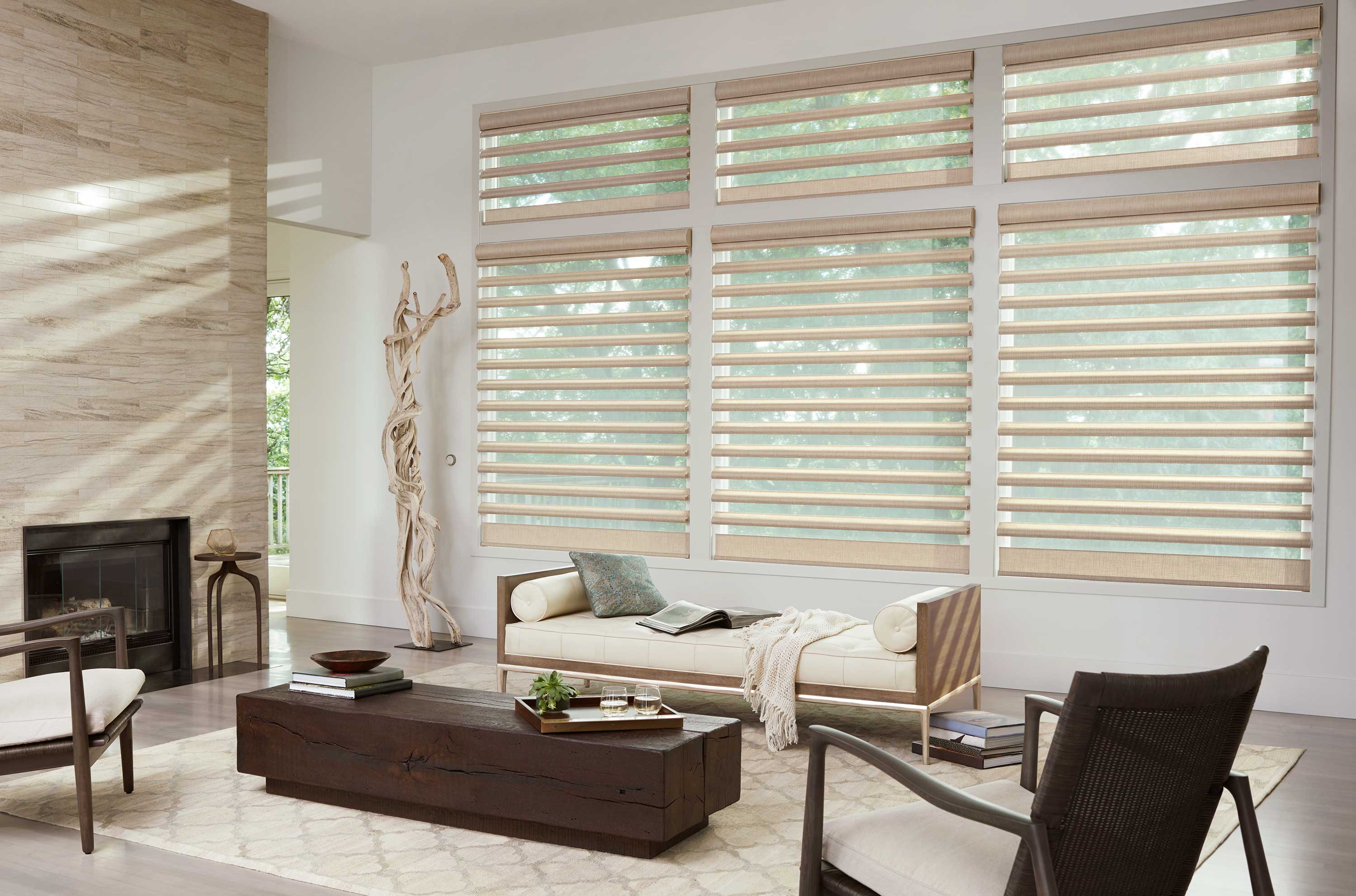 Lafayette Allure transitional shades in a bright airy living room layering natural light with alternating sheer and opaque fabric bands
