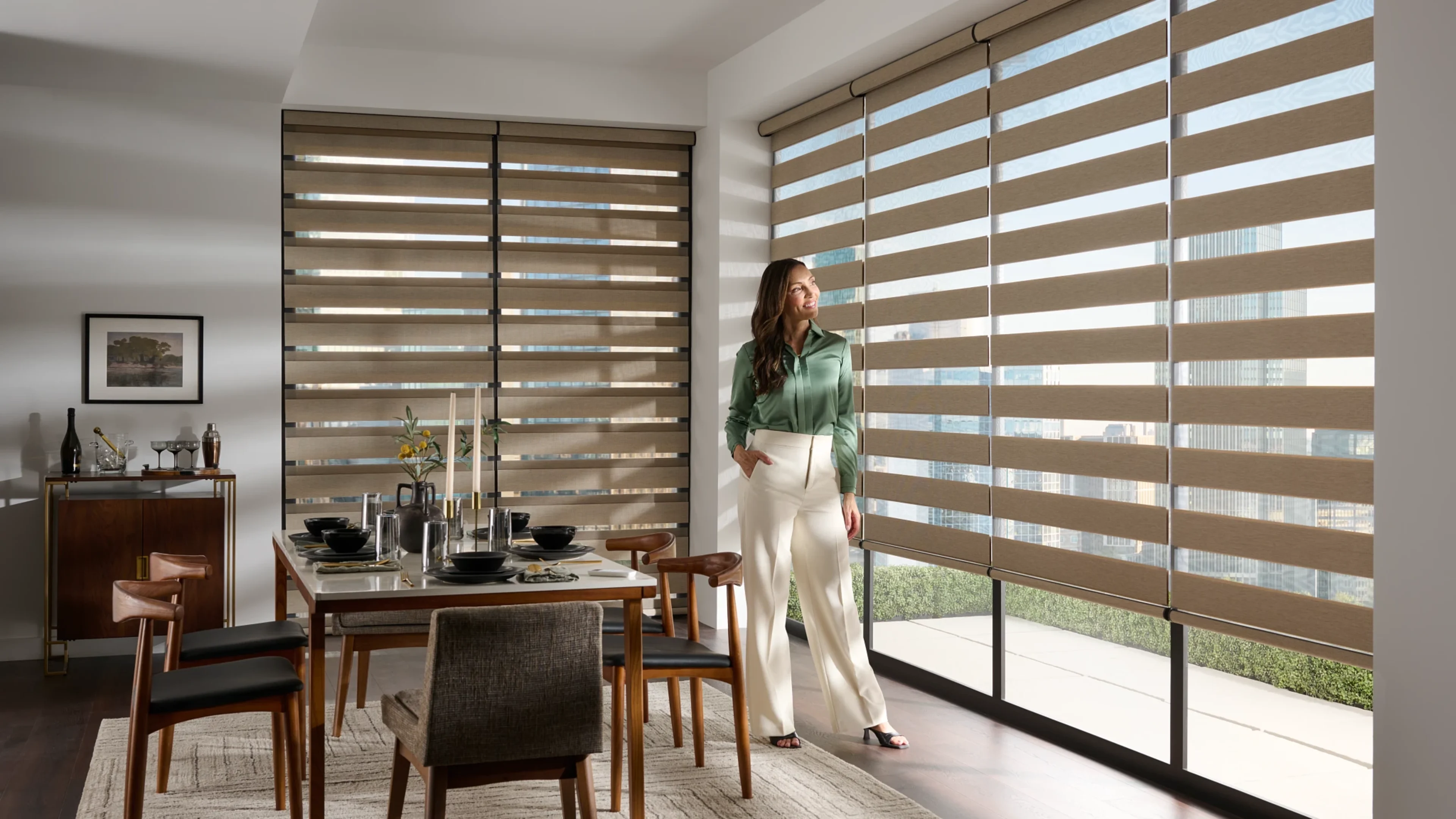 Battery-operated motorized roller shades installed on large windows in a Post Falls, ID home, showing clean modern look and wireless remote operation