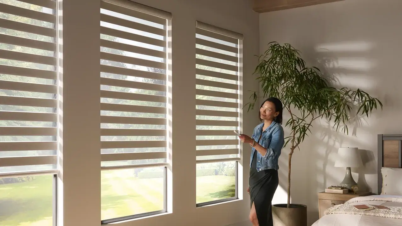 Alta banded shades in a bedroom, operated by remote