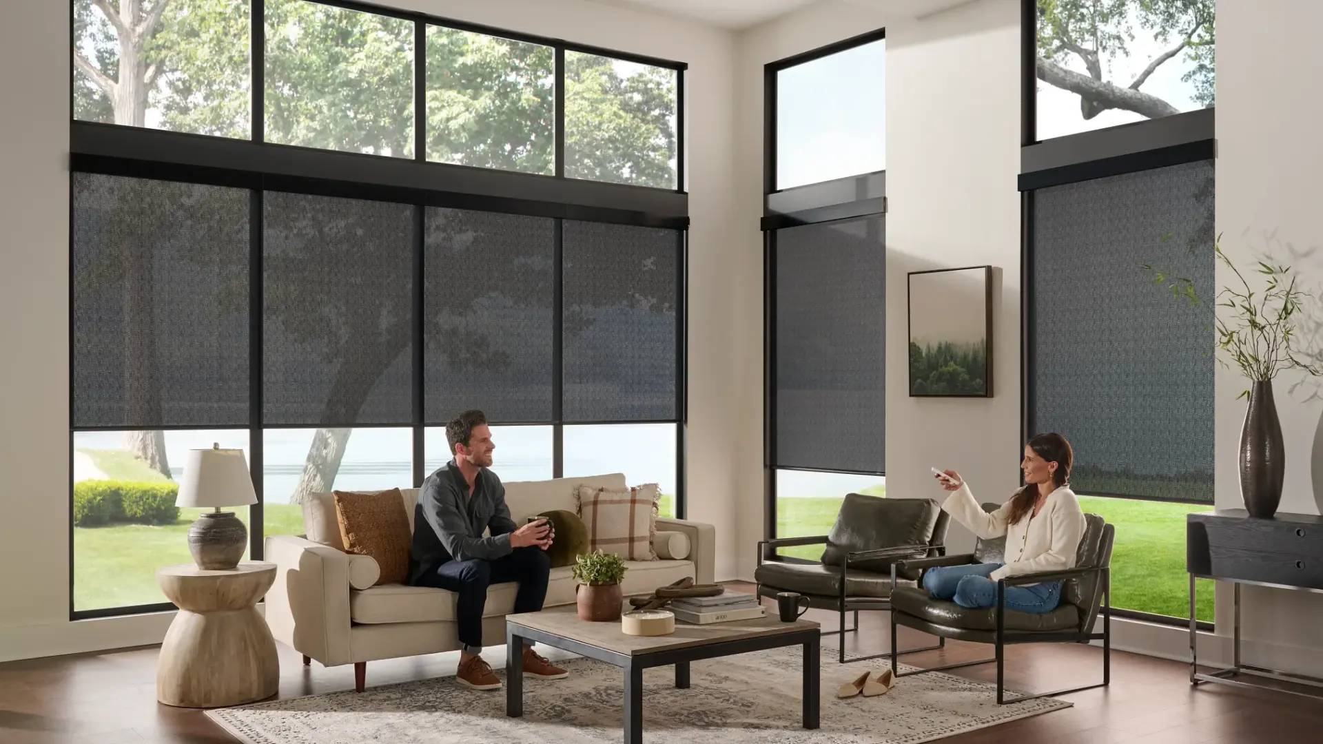 Alta roller shades on tall great room windows